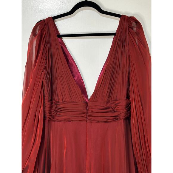 Mac Duggal Red Chiffon Open Sleeve A Line Gown Garnet Size 14 NWT 67414 Romantic - Picture 12 of 16